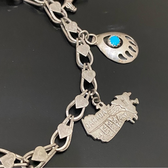 Vintage Sterling Silver Signed 925 Double Link Heart 7 Charms 8” Charm Bracelet - Picture 8 of 16